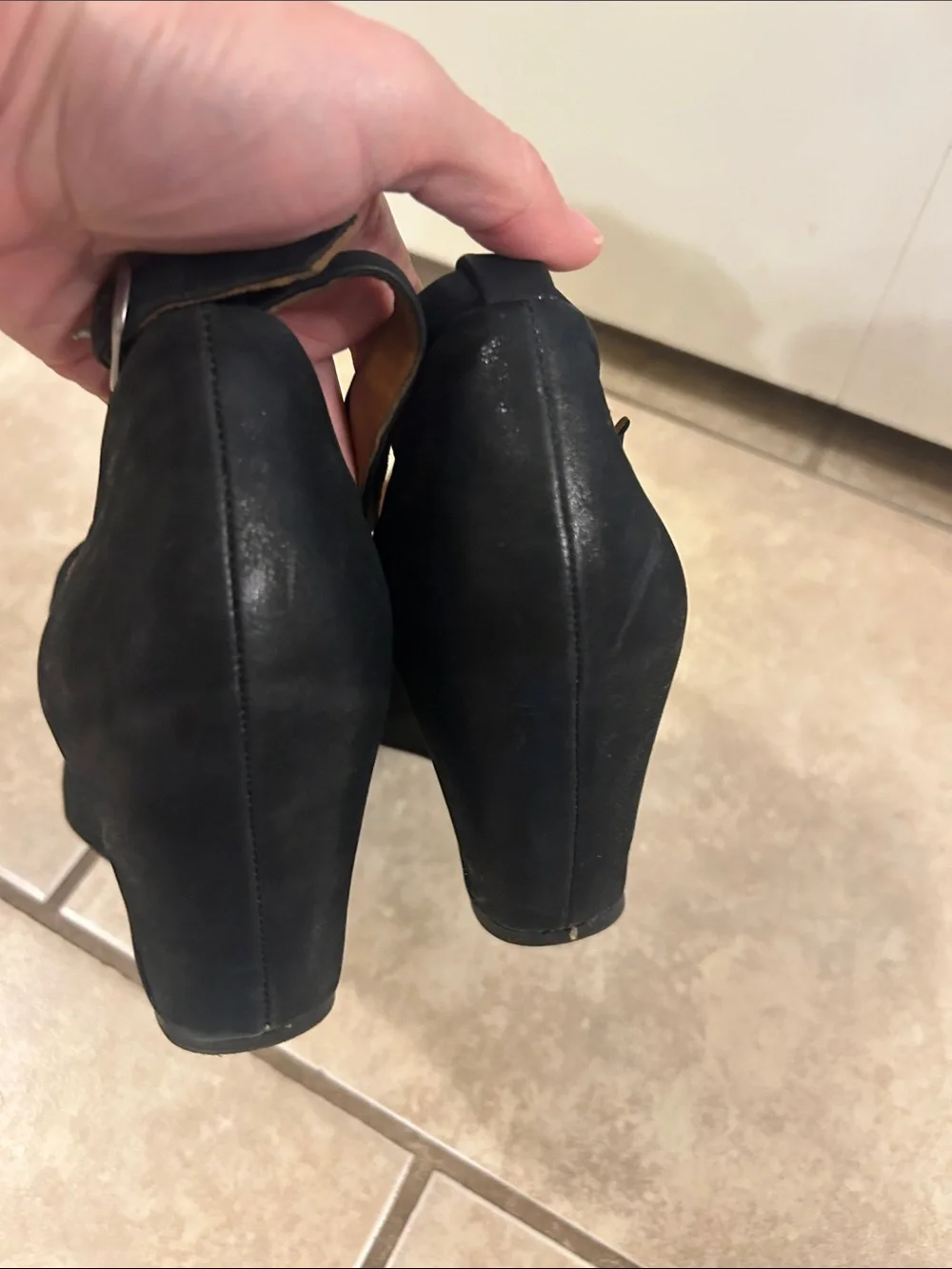 Gentle Souls leather Black Wedge Mary Jane Heels with Ankle Strap